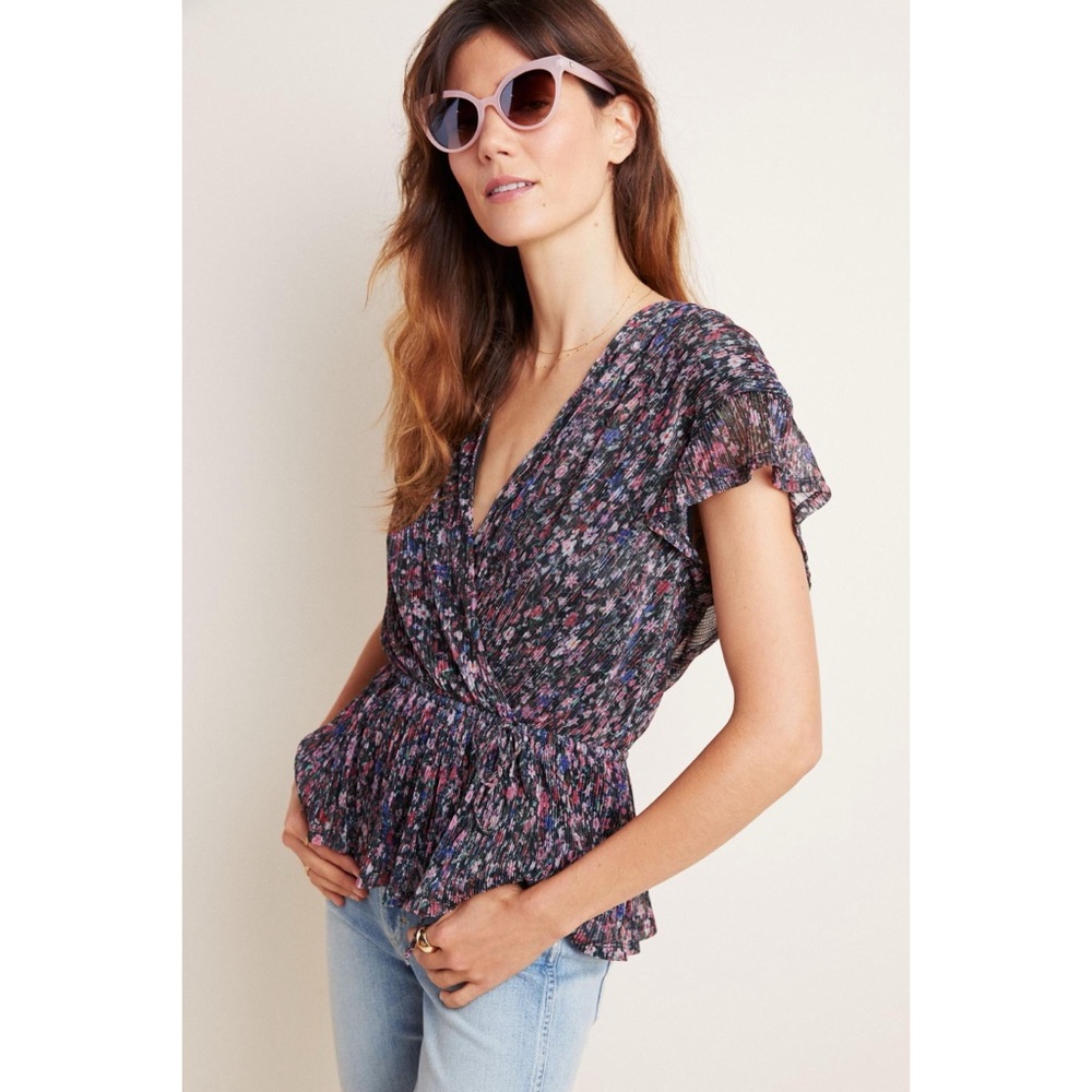 Anthropologie Dionne Metallic Floral Blouse Pleated Wrap Top Multicolor XS